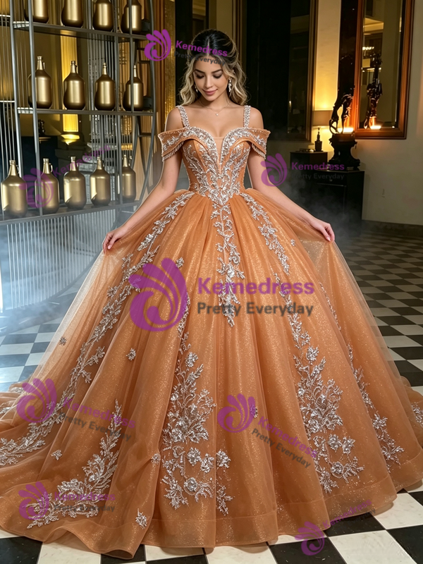 Orange Tulle Straps Appliques Quinceanera Dress