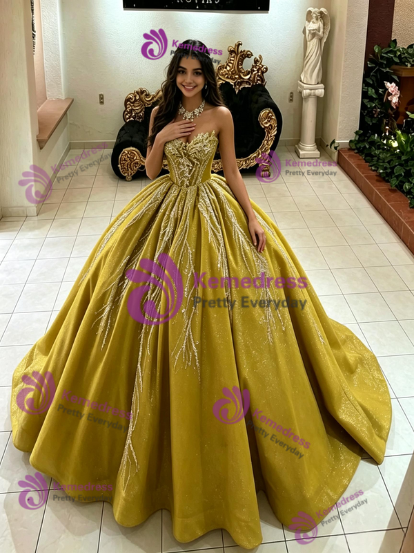 Green Tulle Strapless Sequins Quinceanera Dress
