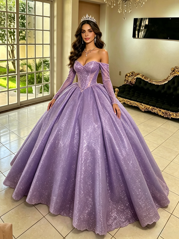 Purple Sequins Long Sleeve Quinceanera Dress