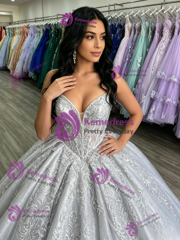Silver Grau Tulle Strapless Appliques Quinceanera Dress