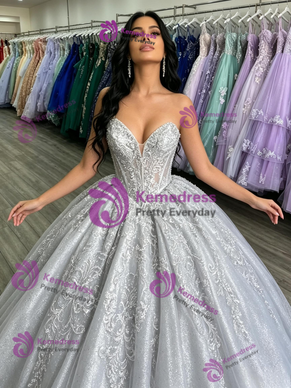 Silver Grau Tulle Strapless Appliques Quinceanera Dress