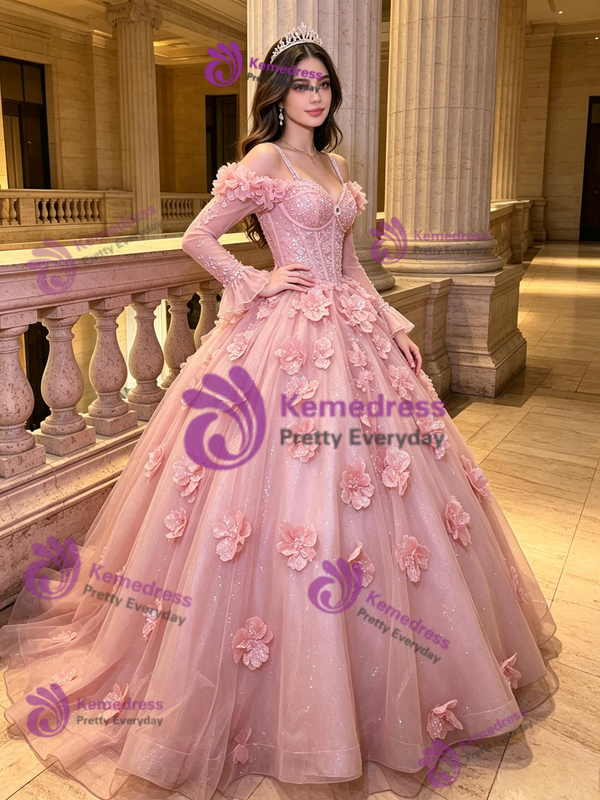 Pink 3D Flower Tulle Long Sleeve Quinceanera Dress