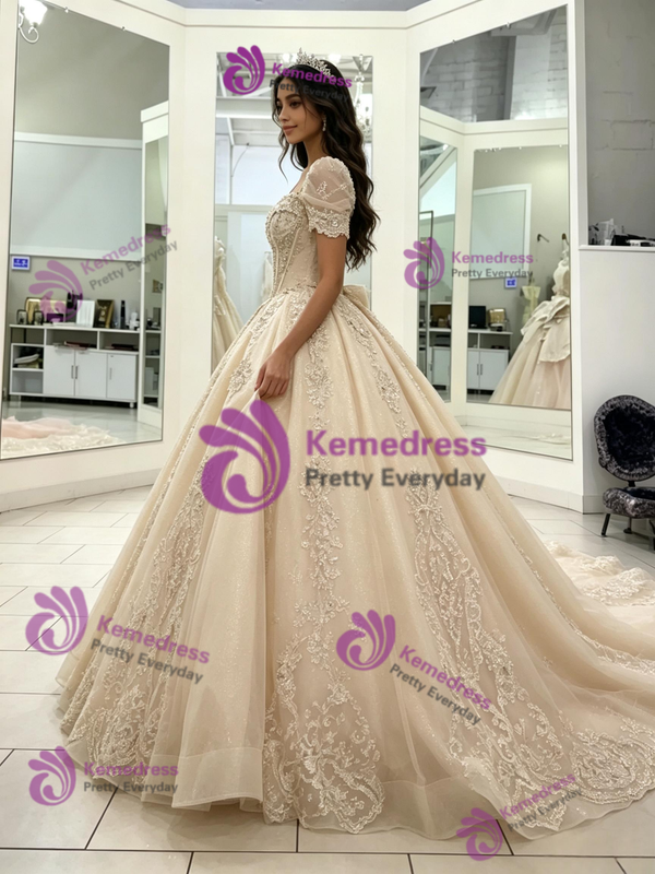 Champagne Tulle Short Sleeve Lace Appliques Quinceanera Dress