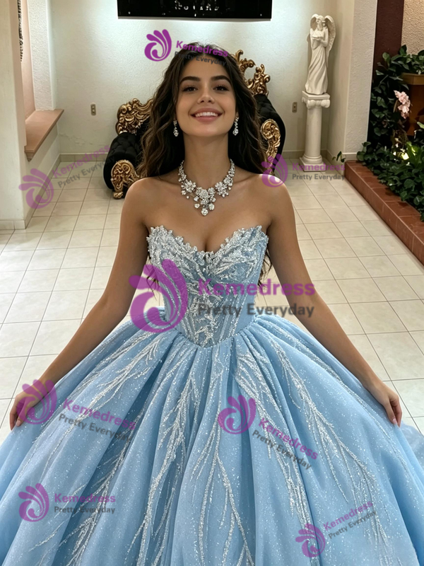 Blue Tulle Off the Shoulder Quinceanera Dress