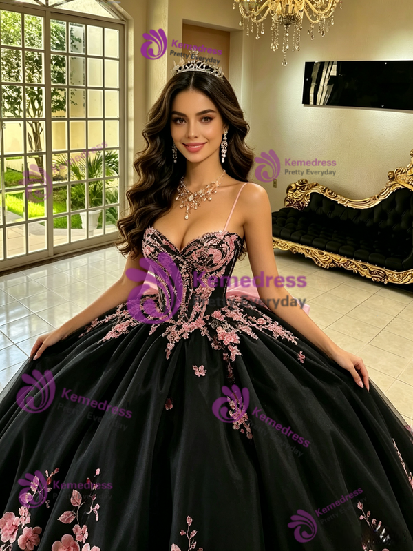 Black Straps Tulle Appliques Quinceanera Dress