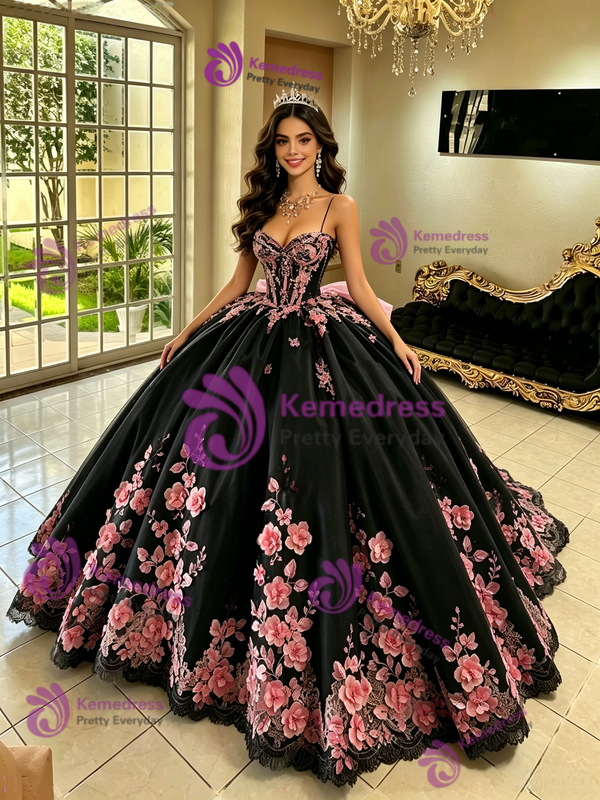 Black Straps Tulle Appliques Quinceanera Dress