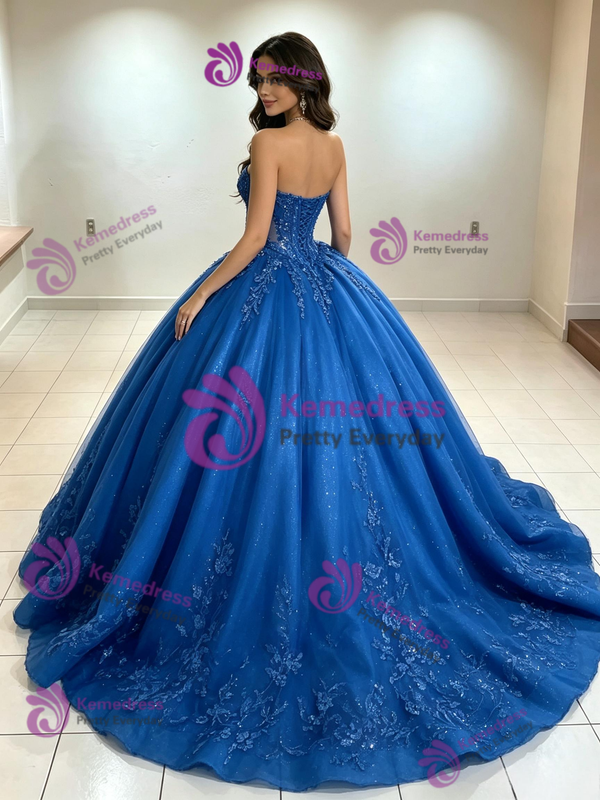 Blue Strapless Appliques Quinceanera Dress