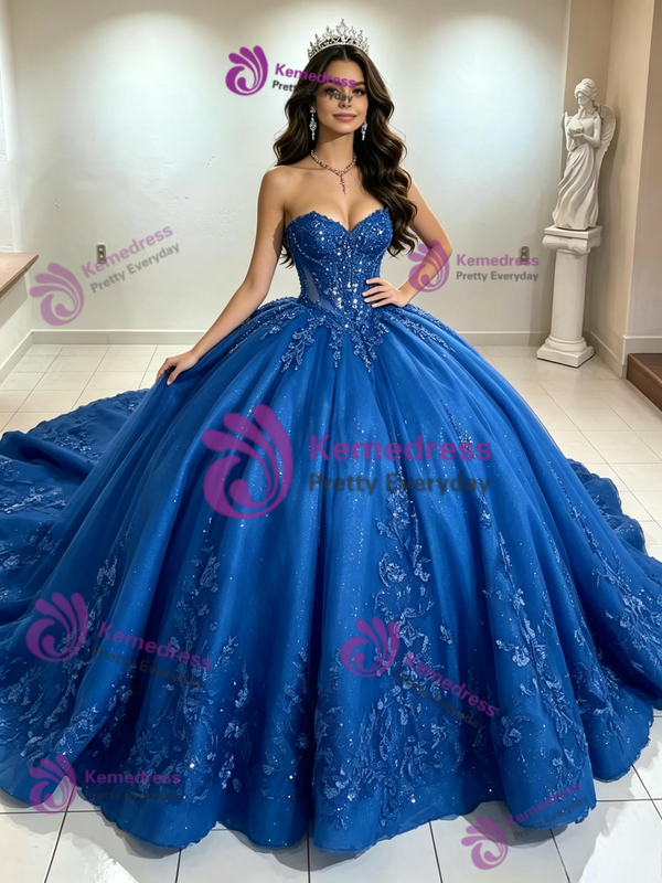 Blue Strapless Appliques Quinceanera Dress