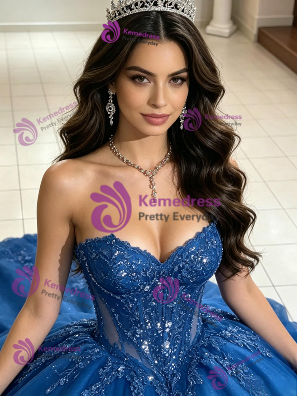 Blue Strapless Appliques Quinceanera Dress