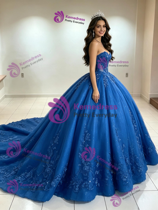 Blue Strapless Appliques Quinceanera Dress