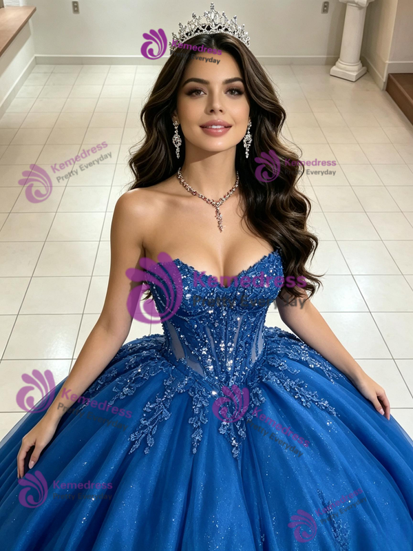 Blue Strapless Appliques Quinceanera Dress