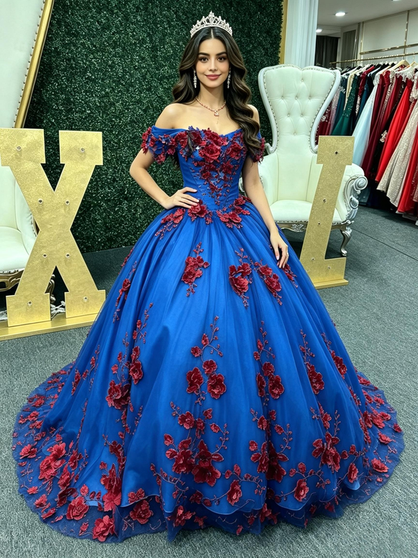Royal Blue Tulle Off the Shoulder Red Flower Quinceanera Dress