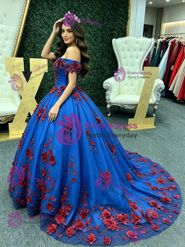 Royal Blue Tulle Off the Shoulder Red Flower Quinceanera Dress