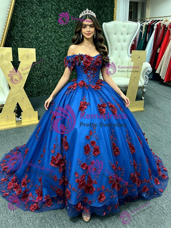 Royal Blue Tulle Off the Shoulder Red Flower Quinceanera Dress