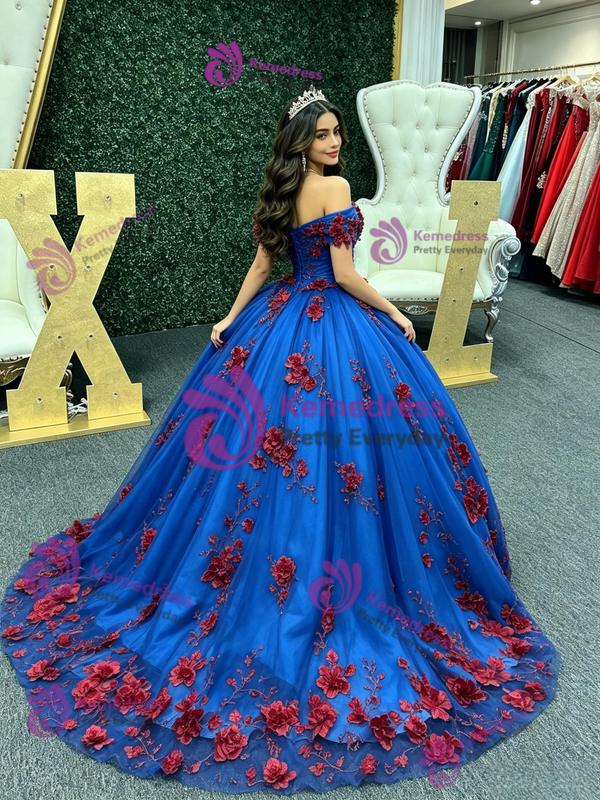Royal Blue Tulle Off the Shoulder Red Flower Quinceanera Dress