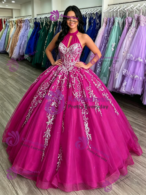 Fuchsia Tulle Halter Backless Quinceanera Dress