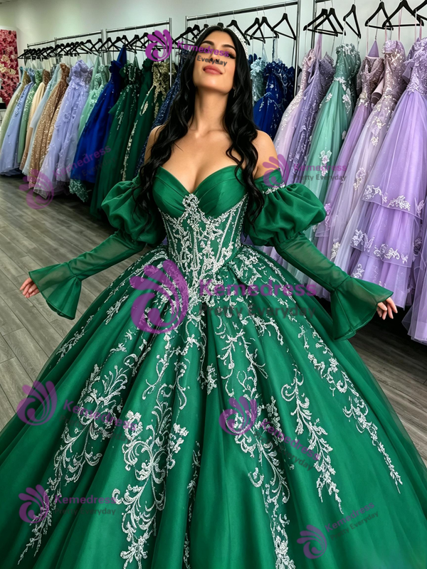 Green Long Sleeve Off the Shoulder Quinceanera Dress