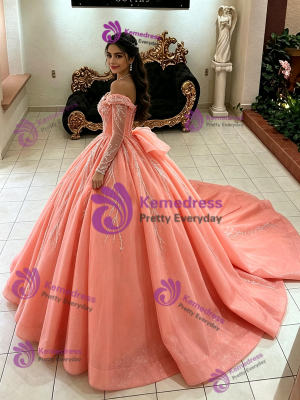 Orange Tulle Long Sleeve Off the Shoulder Quinceanera Dress
