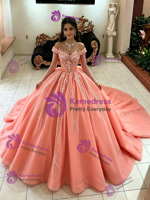 Orange Tulle Long Sleeve Off the Shoulder Quinceanera Dress