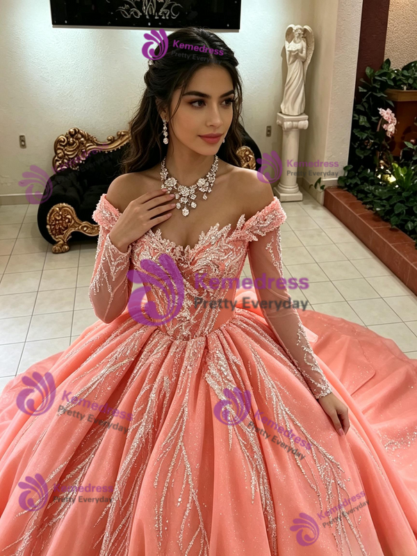 Orange Tulle Long Sleeve Off the Shoulder Quinceanera Dress