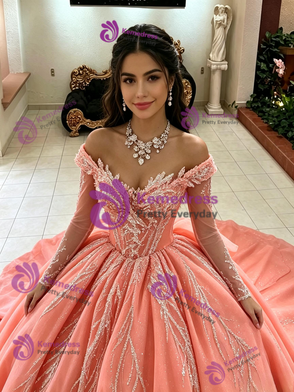 Orange Tulle Long Sleeve Off the Shoulder Quinceanera Dress