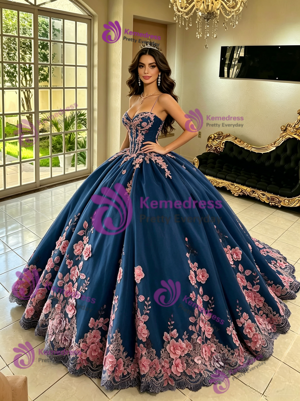 Dark Blue Tulle 3D Appliques Quinceanera Dress