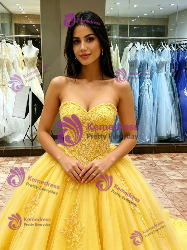 Yellow Tulle Strapless Appliques Quinceanera Dress
