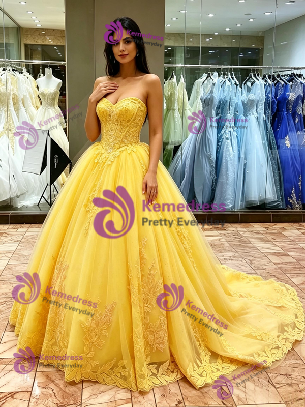 Yellow Tulle Strapless Appliques Quinceanera Dress