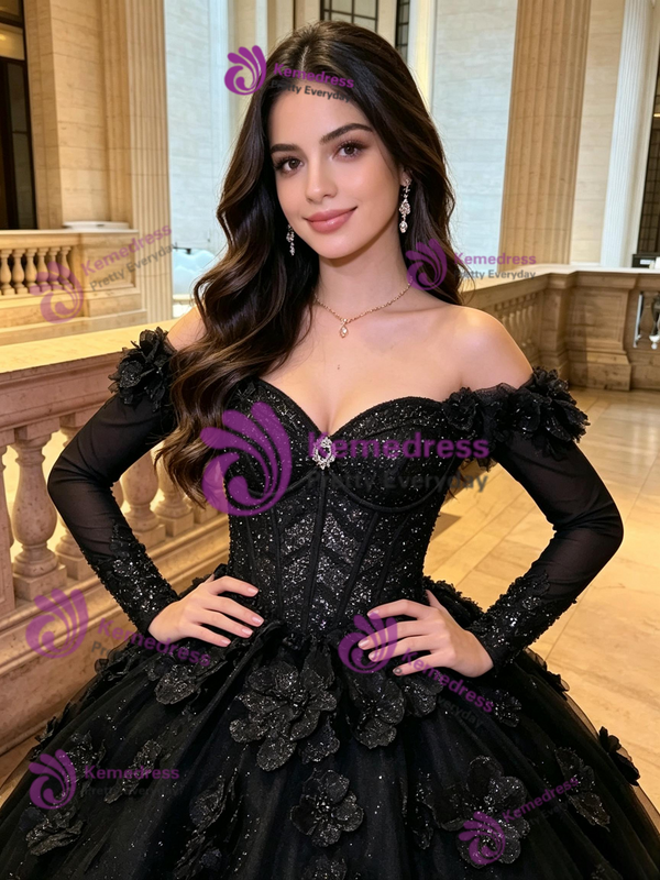 Black Tulle Off the Shoulder 3D Flower Quinceanera Dress