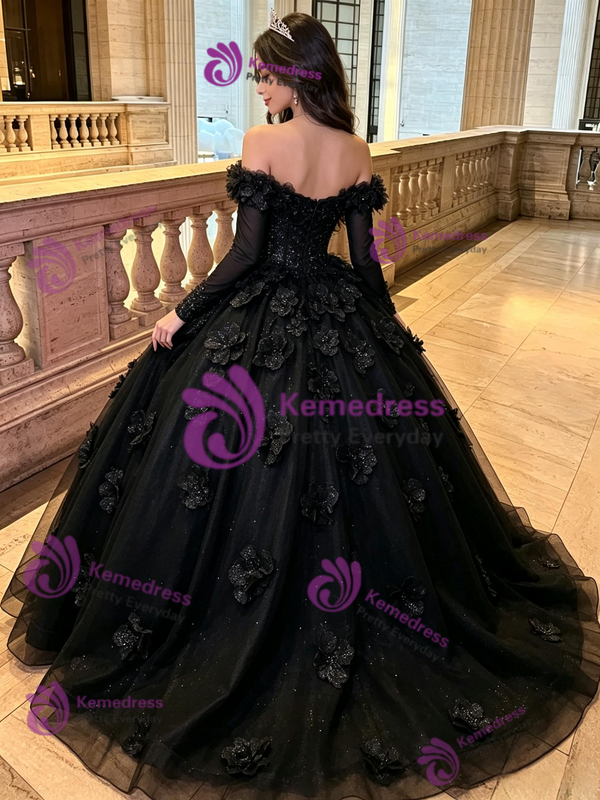 Black Tulle Off the Shoulder 3D Flower Quinceanera Dress