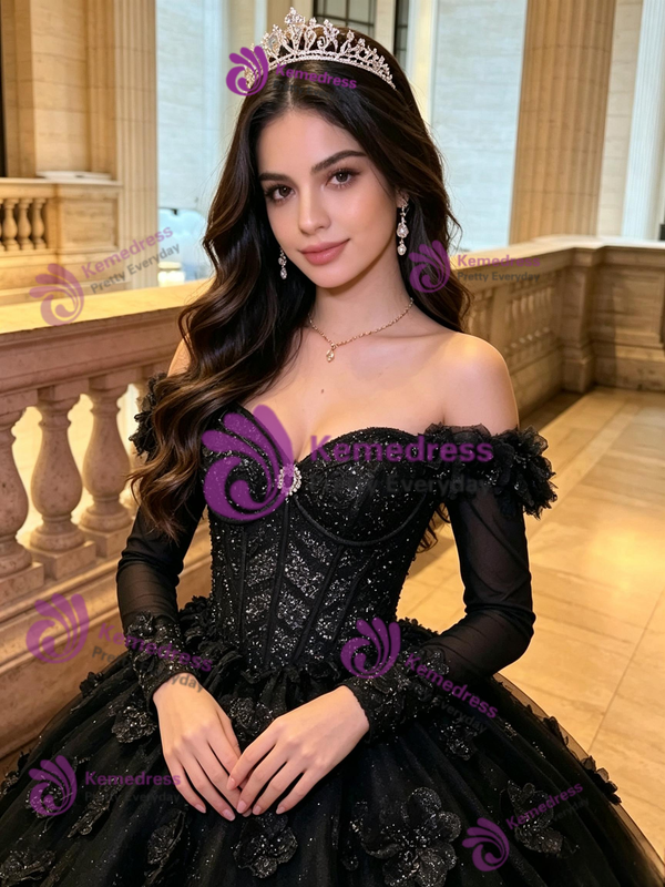 Black Tulle Off the Shoulder 3D Flower Quinceanera Dress