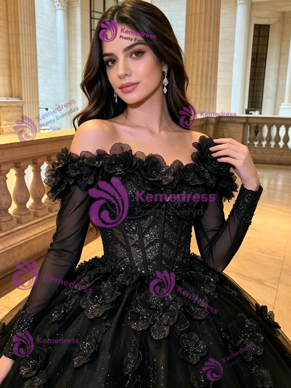 Black Tulle Off the Shoulder 3D Flower Quinceanera Dress