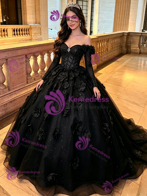 Black Tulle Off the Shoulder 3D Flower Quinceanera Dress
