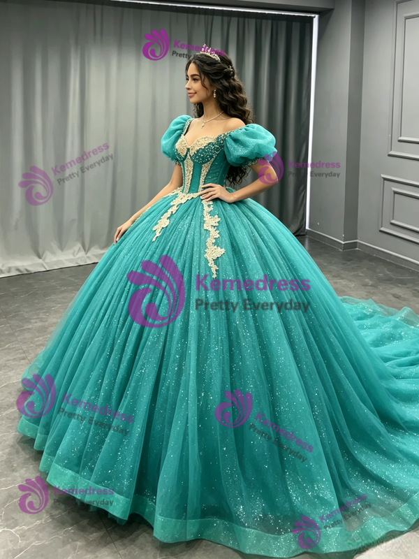 Blue Tulle Puff Sleeve Appliques Quinceanera Dress