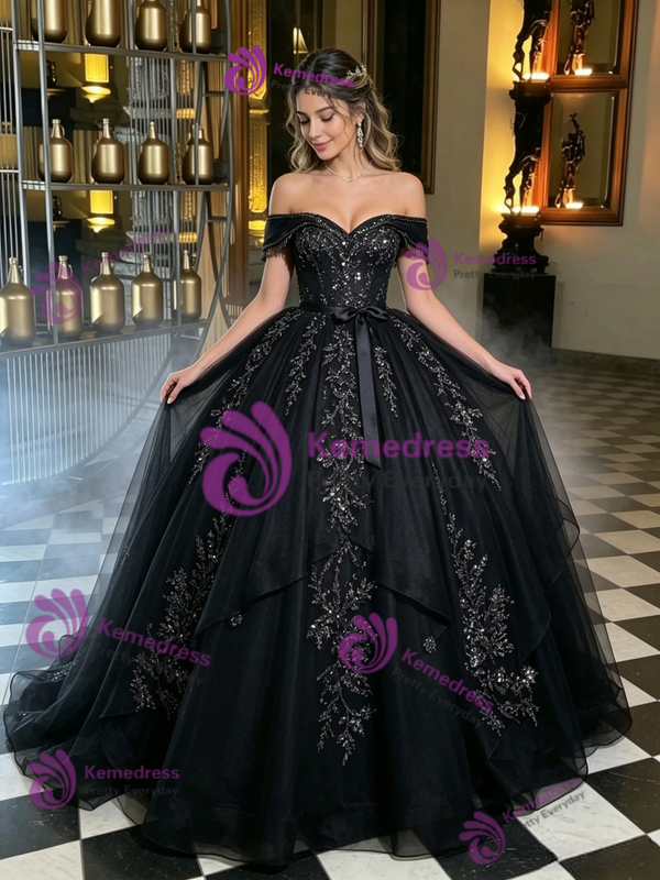 Black Tulle Off the Shoulder Appliques Quinceanera Dress