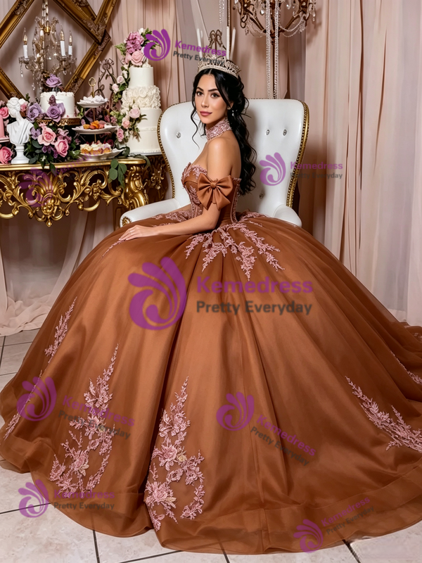 Brown Tulle Appliques Bow Quinceanera Dress