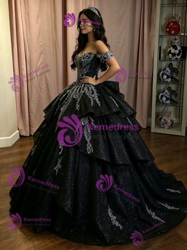 Black Tulle Off the Shoulder Quinceanera Dress