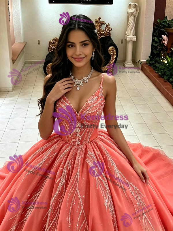 Watermelon Tulle Straps Sequins Quinceanera Dress