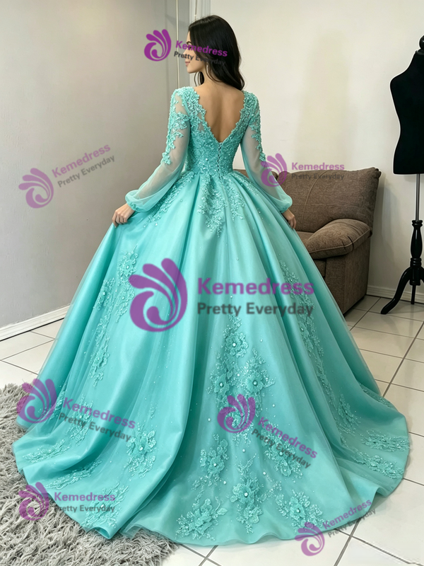Long Sleeve Appliques V-neck Quinceanera Dress