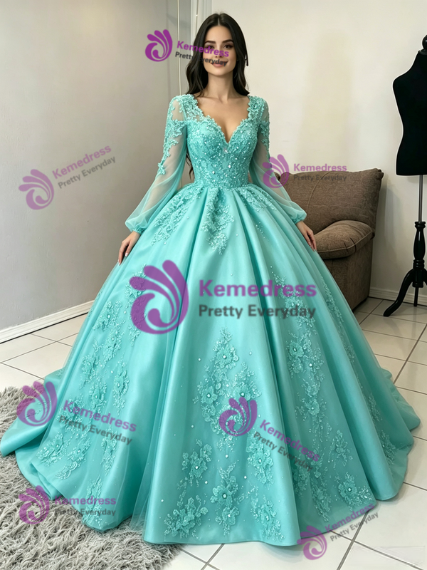 Long Sleeve Appliques V-neck Quinceanera Dress