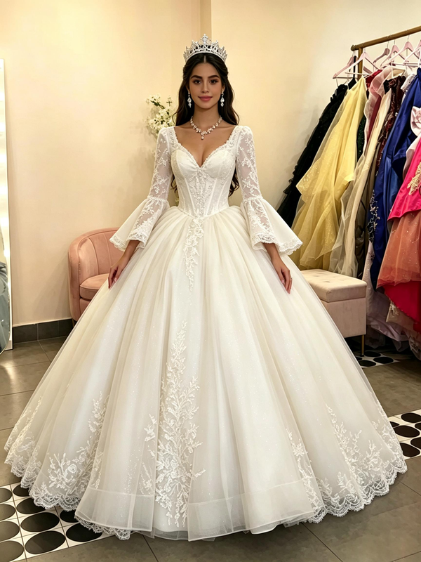 White Tulle V-neck Long Sleeve Quinceanera Dress