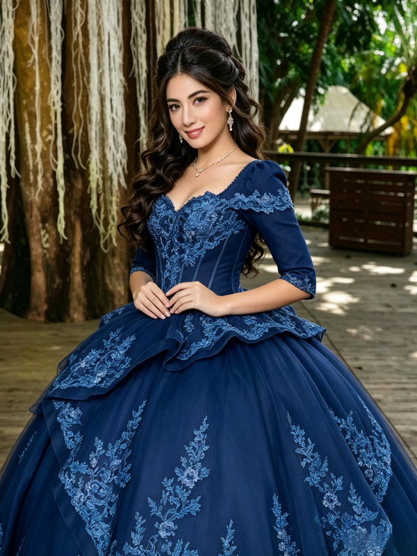 Navy Blue Tulle Short Sleeve Appliques Quinceanera Dress