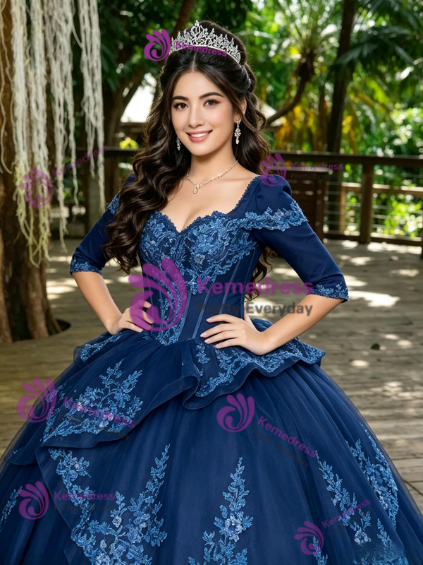 Navy Blue Tulle Short Sleeve Appliques Quinceanera Dress