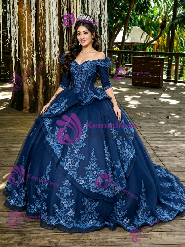 Navy Blue Tulle Short Sleeve Appliques Quinceanera Dress