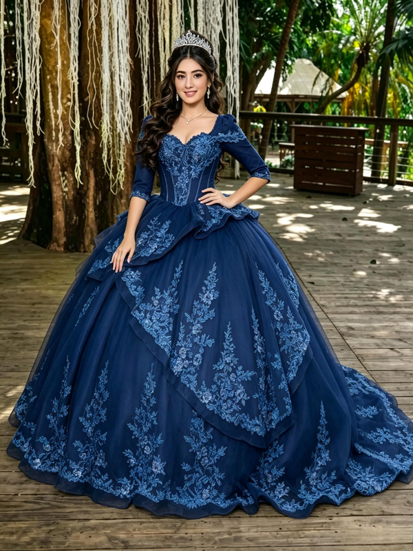Navy Blue Tulle Short Sleeve Appliques Quinceanera Dress