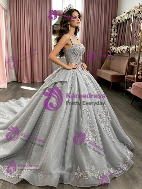 Gray Tulle Strap Appliques Quinceanera Dress