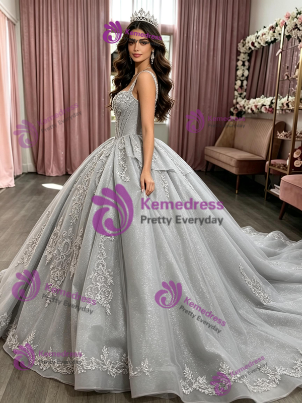 Gray Tulle Strap Appliques Quinceanera Dress