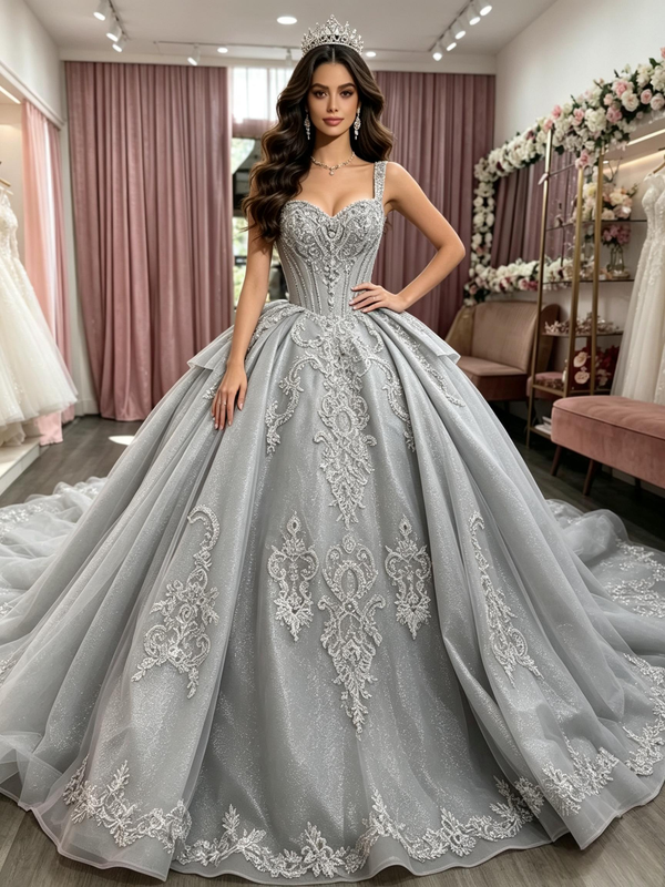 Gray Tulle Strap Appliques Quinceanera Dress