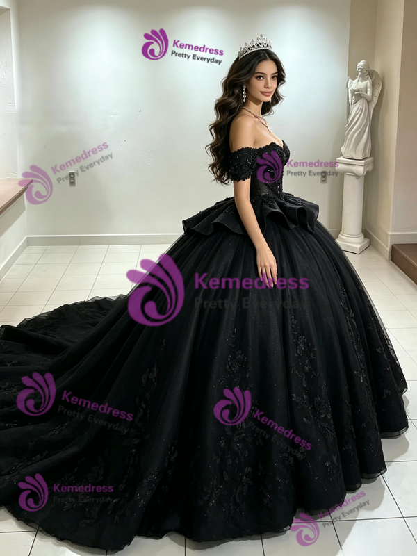 Black Tulle Off the Shoulder Appliques Quinceanera Dress
