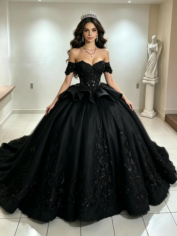 Black Tulle Off the Shoulder Appliques Quinceanera Dress